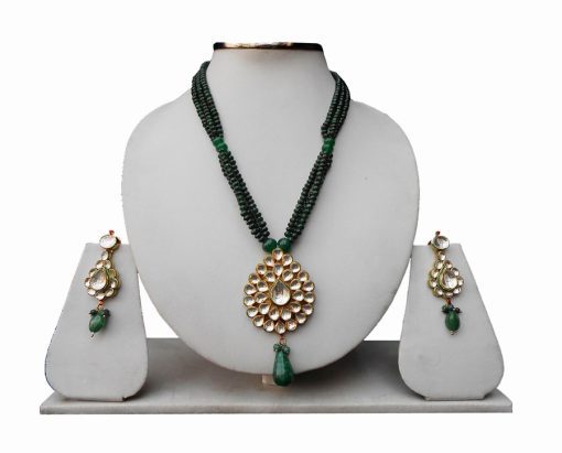 Three Lines Green Beads Stone Pendant Set with earrings from India-0
