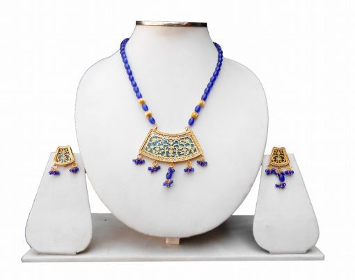 Traditional Blue Colored Thewa Necklace Earring Set from India-0