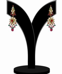 Elegant Traditional Kundan Earrings in Red, White and Green Stones-0