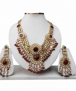 Traditional Red and White kundan Necklace Set with Designer Earrings-0