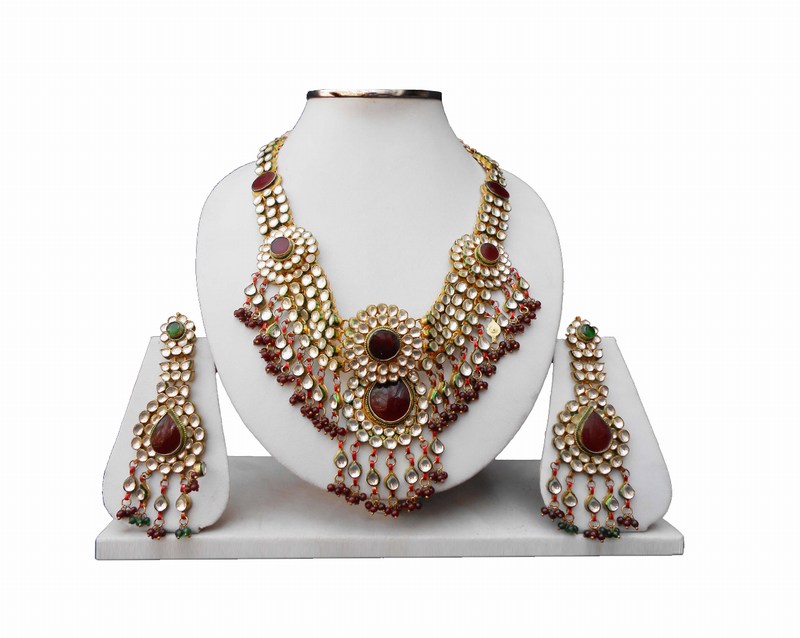 Traditional Red and White kundan Necklace Set with Designer Earrings-0