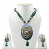 Turquoise and Green Partywear Pacchi Pendant and Earrings Jewelry Set -0
