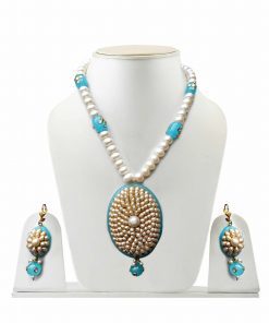 Turquoise and White Pacchi Work Designer Ethnic Necklace from India-0