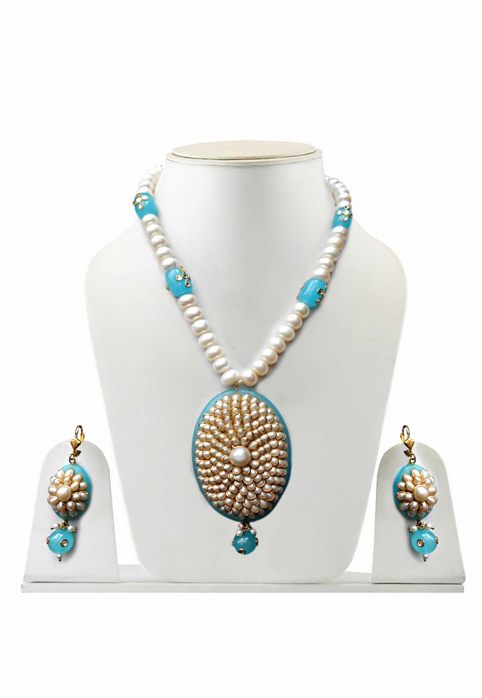 Turquoise and White Pacchi Work Designer Ethnic Necklace from India-0