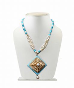 Buy Turquoise and White Pacchi work Traditional Pendant Necklace -0