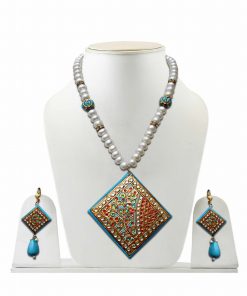 Turquoise and WhiteTanjore Painting Stones Necklace Set for Women -0