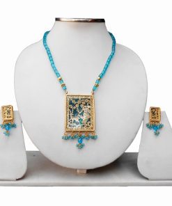 Turquoise Beads Elegant Indian Thewa Pendant Set with Earrings-0