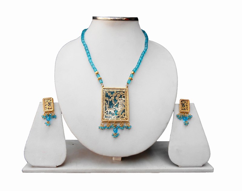 Turquoise Beads Elegant Indian Thewa Pendant Set with Earrings-0