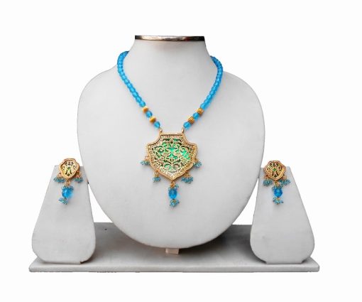 Turquoise Beads Ethnic Jaipur Thewa Pendant Set in Peacock Design-0