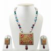 Turquoise Ethic Tanjore Painting Pendant and Earrings Jewelry for Weddings-0