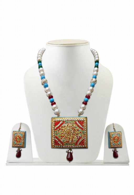 Turquoise Ethic Tanjore Painting Pendant and Earrings Jewelry for Weddings-0