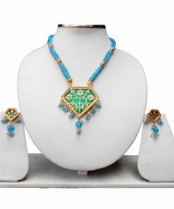 Turquoise Heavy Thewa Pendant Set and Earrings Jewelry Set -0
