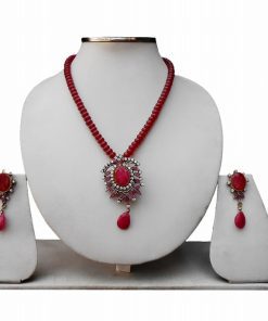 Special Occasion Wear Stylish Red Flower Pendant Set with Earrings -0