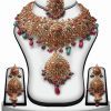 Wedding Polki Stones Necklace Set with Earrings and Tika in Red, Green & White -0