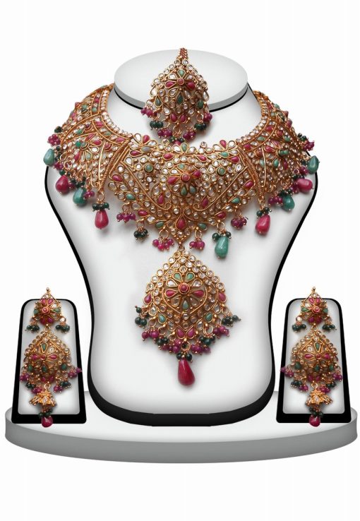 Wedding Polki Stones Necklace Set with Earrings and Tika in Red, Green & White -0
