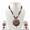 White and Red Traditional Pacchi Pendant Necklace Set with Earrings -0