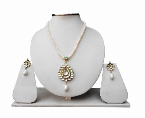 White Kundan Beads Bridal Necklace Set With Designer Matching Earrings-0