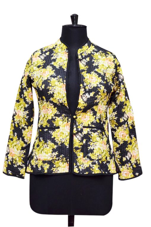 Designer Black and Yellow Floral Print Women Quilted Jackets-0