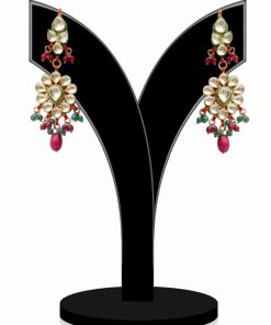 Beautiful Kundan Earrings in Red, Green and White Stones for Parties-0