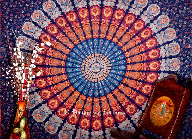 Blue Designer Beach Peacock Wings Mandala Tapestry Wall Hanging-1501