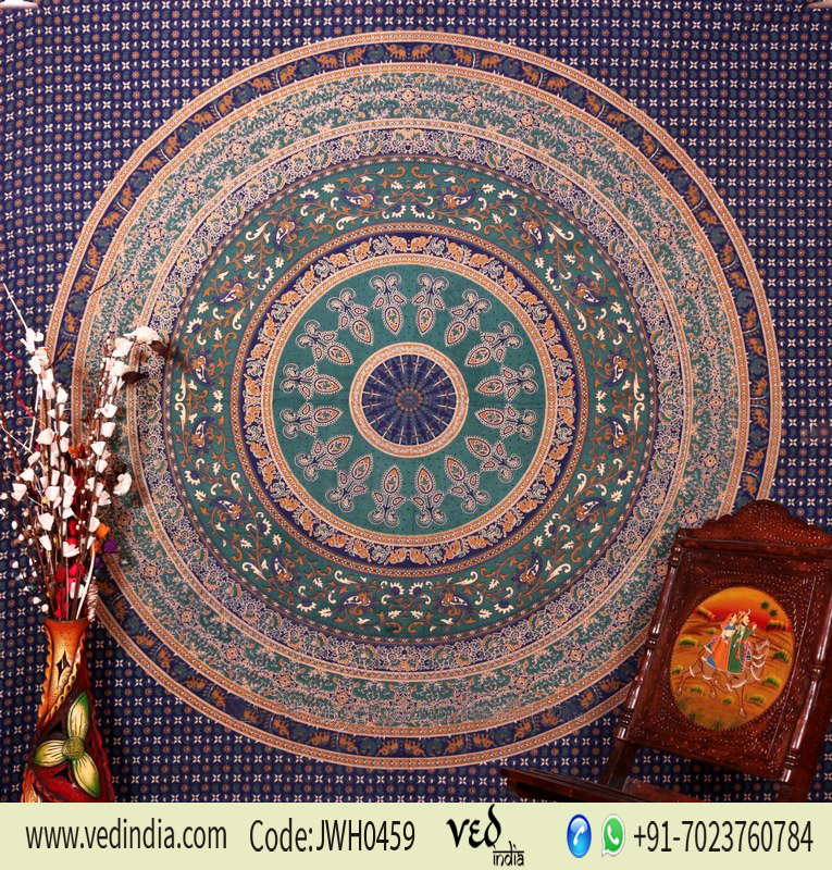 Blue Bohemian Wall Tapestry Queen Bedding in Ethnic Indian Print-0