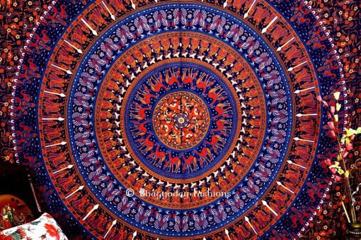 Blue Round Mandala Elephant Boho Tapestry Bedding for Floor Cushions-1485