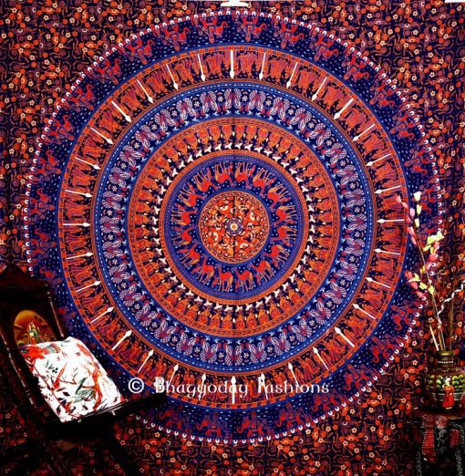 Blue Round Mandala Elephant Boho Tapestry Bedding for Floor Cushions-0