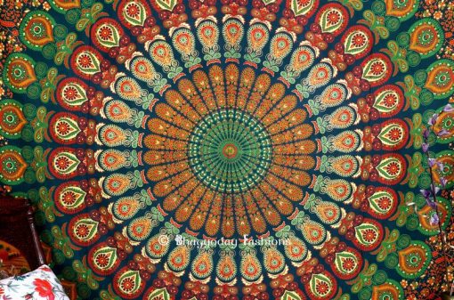 Colorful Mandala Peacock Psychedelic Indian Tapestry Bedspread -0