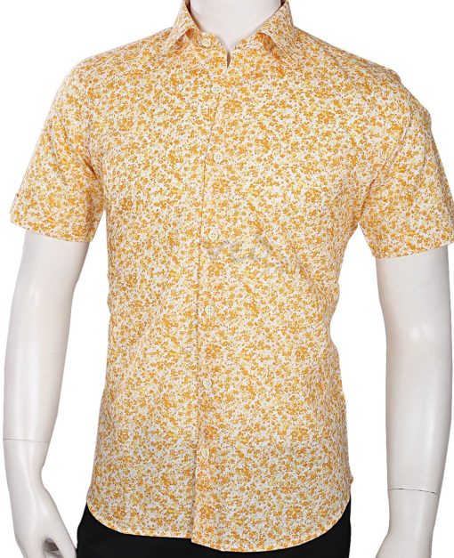 Cool Yellow Printed Beach Wedding Men’s Shirt in Half Sleeves-0