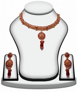 Exclusive Designer Polki Necklace set in Red Stone and Beads-0