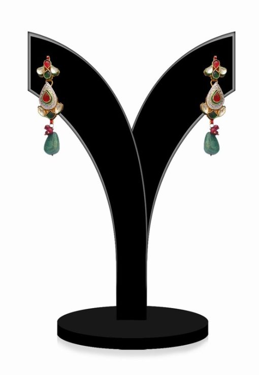 Sleek Exclusive Kundan Earrings in Red, Green and White Stones for Girls for Parties-0