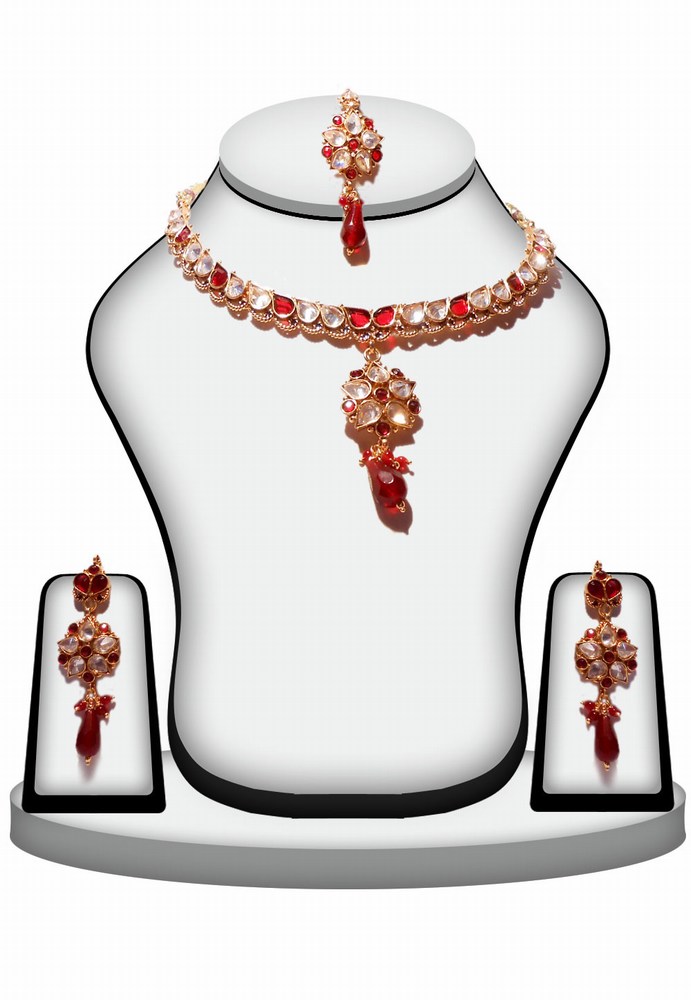 Exquisite Red and White Fashion Necklace set With Earrings and Tikka-0