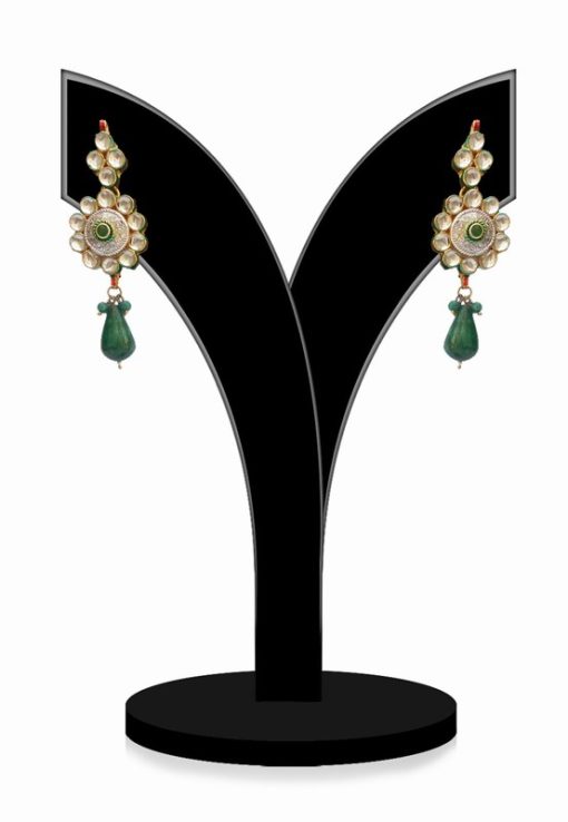 Floral Shape Earrings for Women in Green Stones with Antique Polish-0