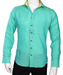 Formal Wear Smart Plain Sea Green Linen Shirt for Men -0