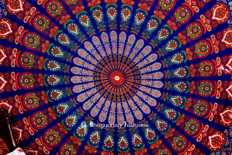 Hippie Mandala Peacock Tapestry Bedspread for Home in Blue Print-0
