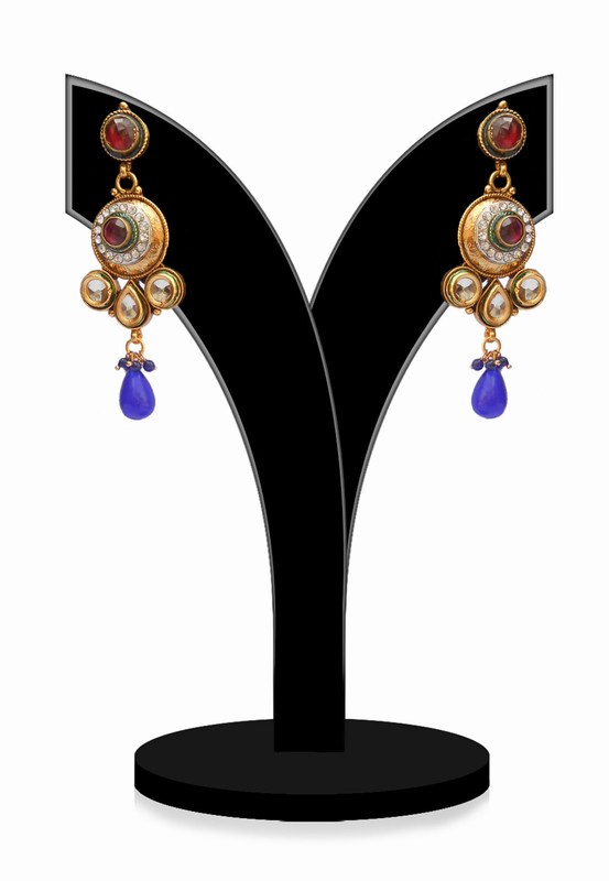 Red, White and Blue Stones and Beads Embellished Kundan Jhumkas for Weddings-0