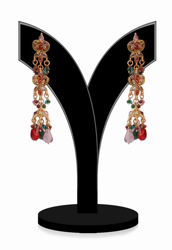 Long Dangler Earrings in Multi-Colored Stones for Girls for Parties-0