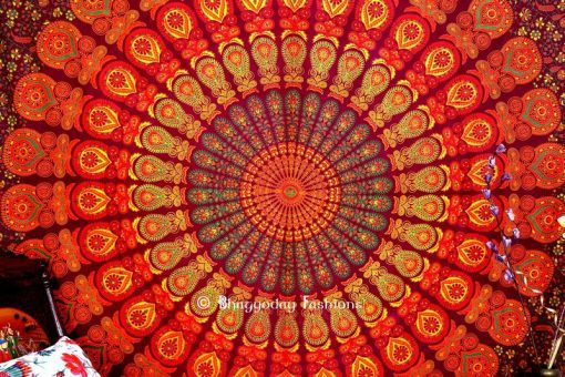 Maroon Round Mandala Peacock Boho Tapestry Bedding Floor Cushions-0