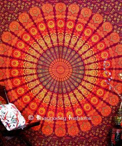 Maroon Round Mandala Peacock Boho Tapestry Bedding Floor Cushions-1493