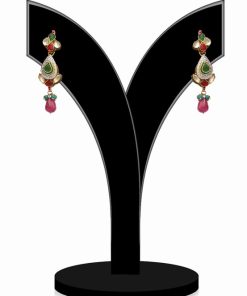 Elegant Party Kundan Earrings in Red, Green and White Stones and Antique Polish-0