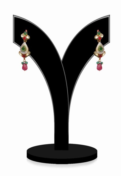 Elegant Party Kundan Earrings in Red, Green and White Stones and Antique Polish-0