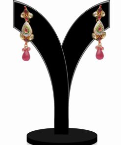 Traditional Red and White Stones Embellished Party Kundan Jhumkas-0