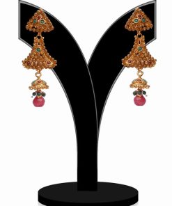 Party Wear Earrings for Women in Green and Red Stones and Beads-0