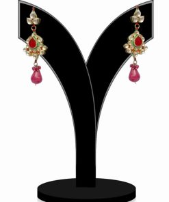 Party Wear Kundan Jhumkas for Women Embellished with Red and White Stones-0
