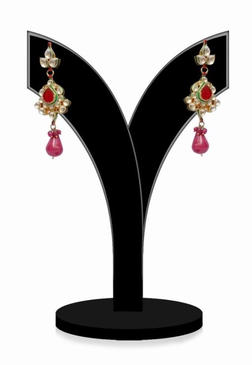 Party Wear Kundan Jhumkas for Women Embellished with Red and White Stones-0