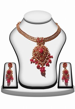 Elegant Red and White Polki Stones Necklace Set -0