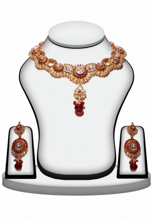 Red and White Polki Stones Necklace Set With Earrings for Wedding-2108