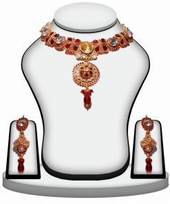Red and White Polki Stones Necklace Set With Earrings for Wedding-0