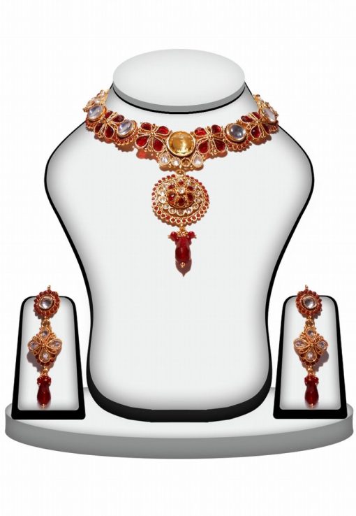 Red and White Polki Stones Necklace Set With Earrings for Wedding-0