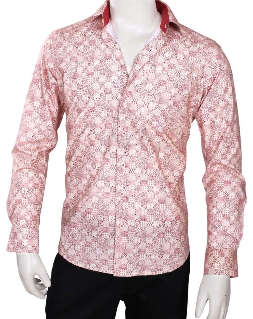 Red and White Printed Regular Fit Formal Linen Men’s Shirt -0